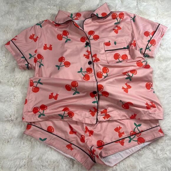 Cherry Print Women's Pink Pajamas SZ Med - Picture 1 of 8